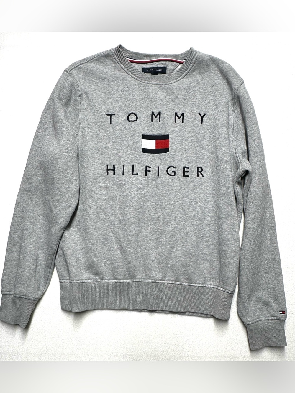 Tommy Hilfiger Mens M Gray Flag Spell Out Logo Fleece Crewneck Sweatshirt